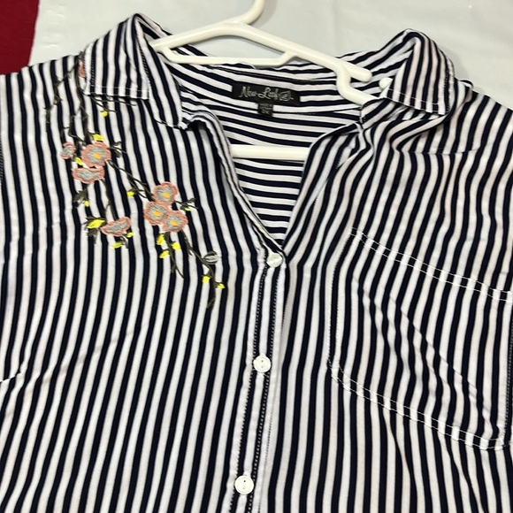 New leaf black vertical striped rayon BLOUSE pink blue floral embroidery 2XL XXL - Picture 6 of 14